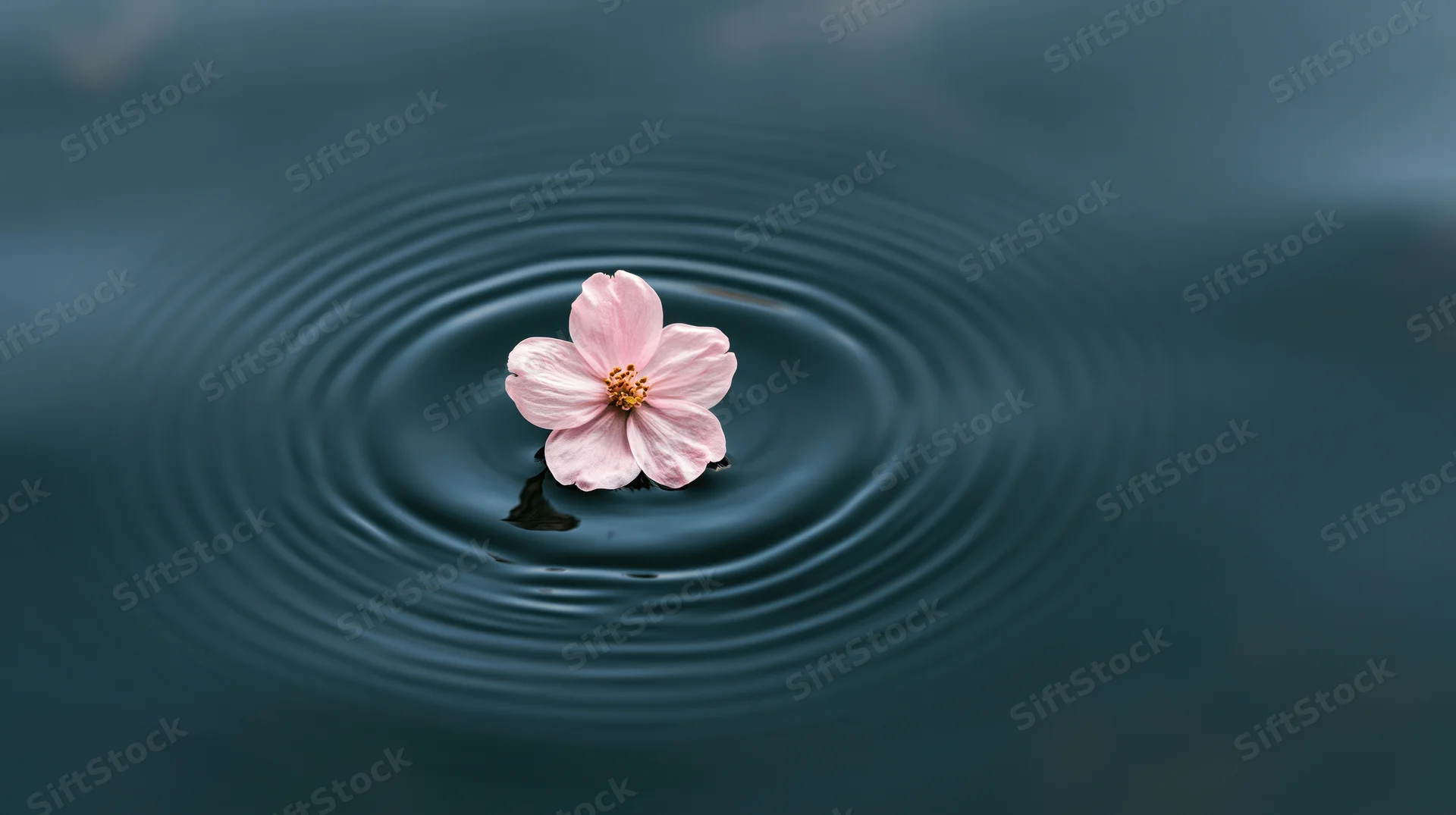 Pale pink cherry blossom floating on calm water creating ripples