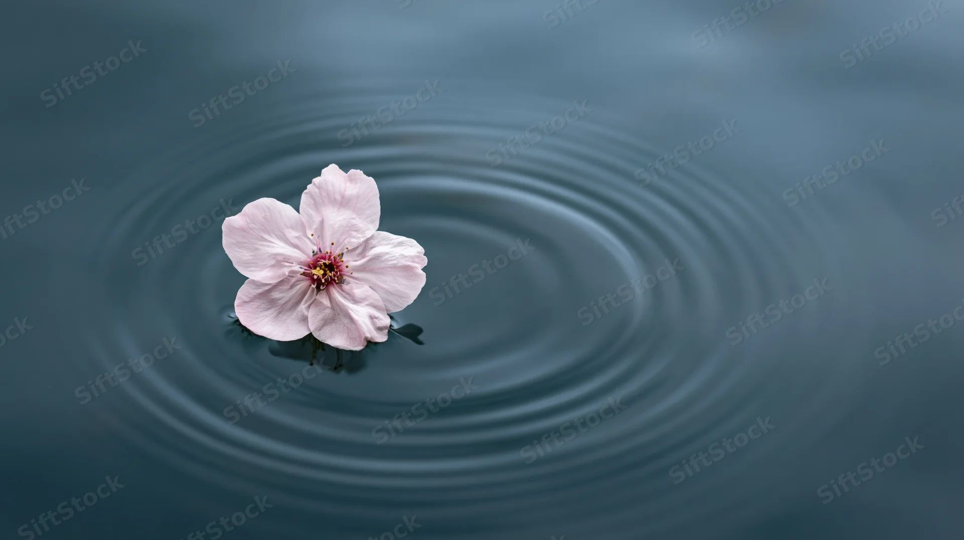 Pale pink cherry blossom floating on calm water creating ripples