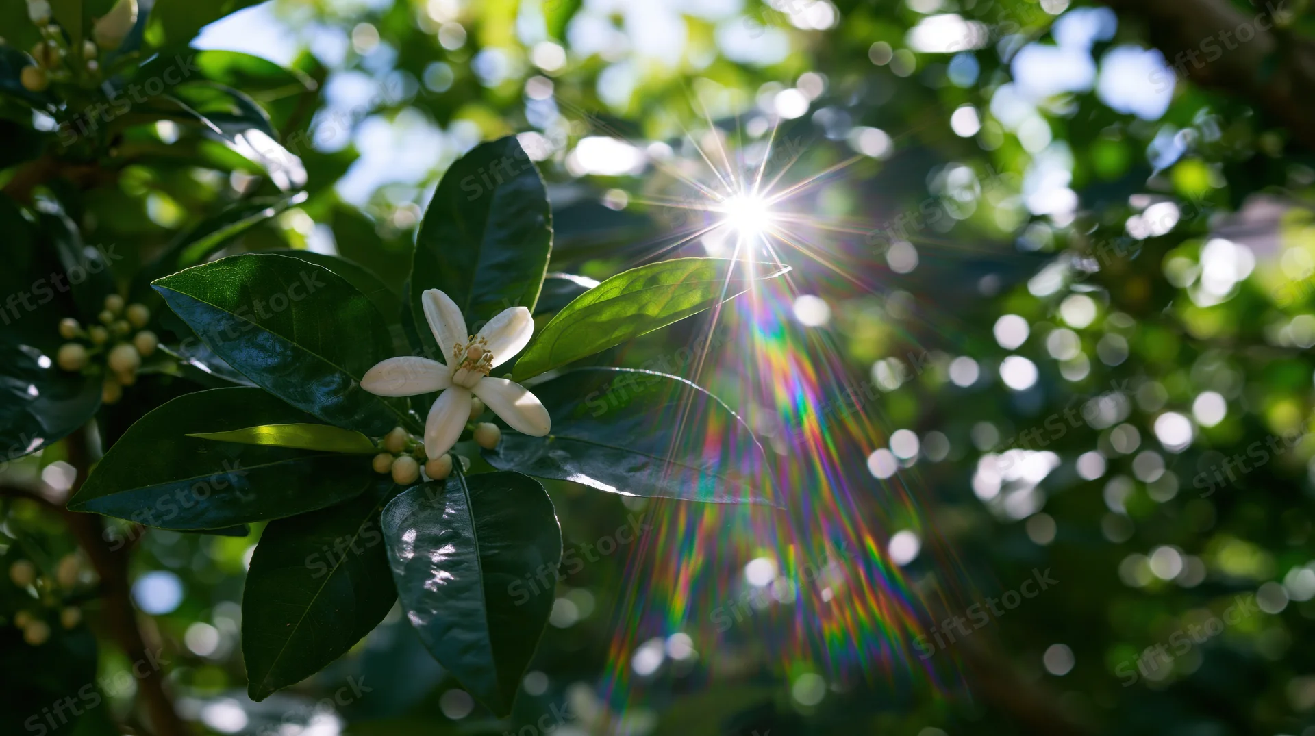 White citrus flower blooming on a leafy branch with sunburst through foliage
