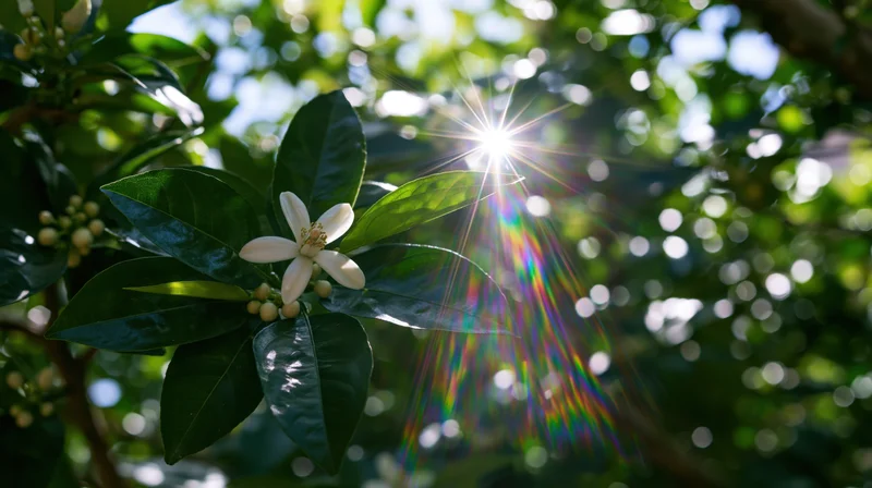 White citrus flower blooming on a leafy branch with sunburst through foliage