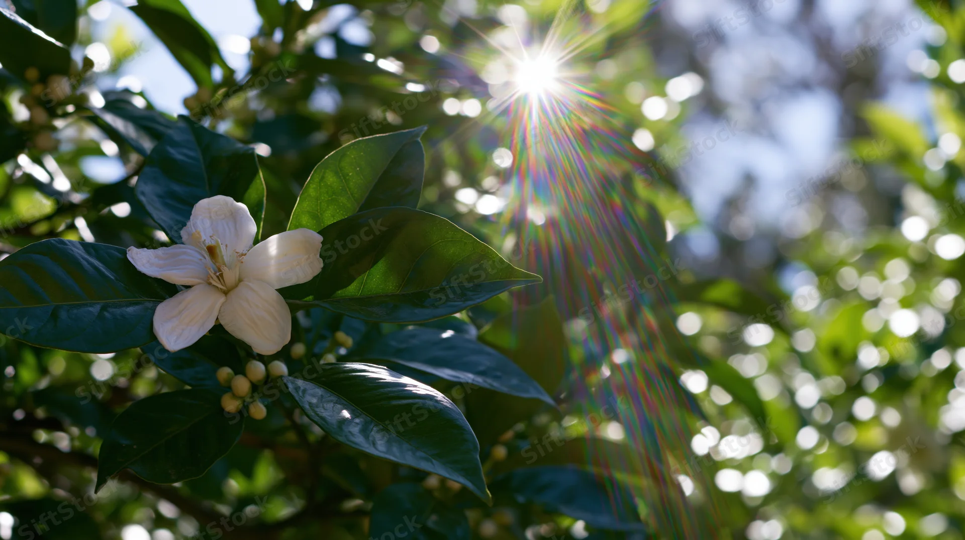 White citrus blossom with sunburst through green leaves in garden