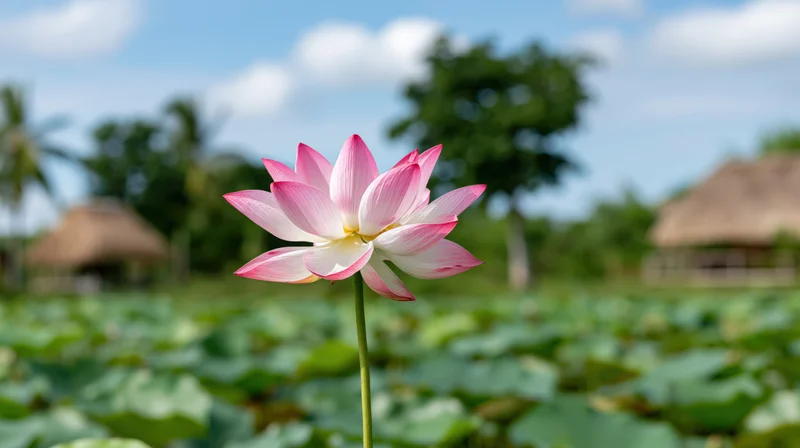 Pink and white lotus flower in full bloom rising from a pond with green lily pads and thatched huts in the background