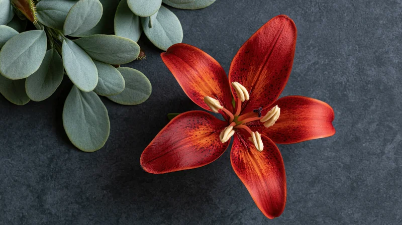 Red-orange lily in full bloom with green foliage on dark surface