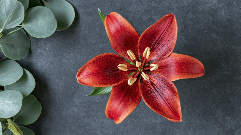 Red-orange lily in full bloom centered on dark stone surface with eucalyptus leaves to the side