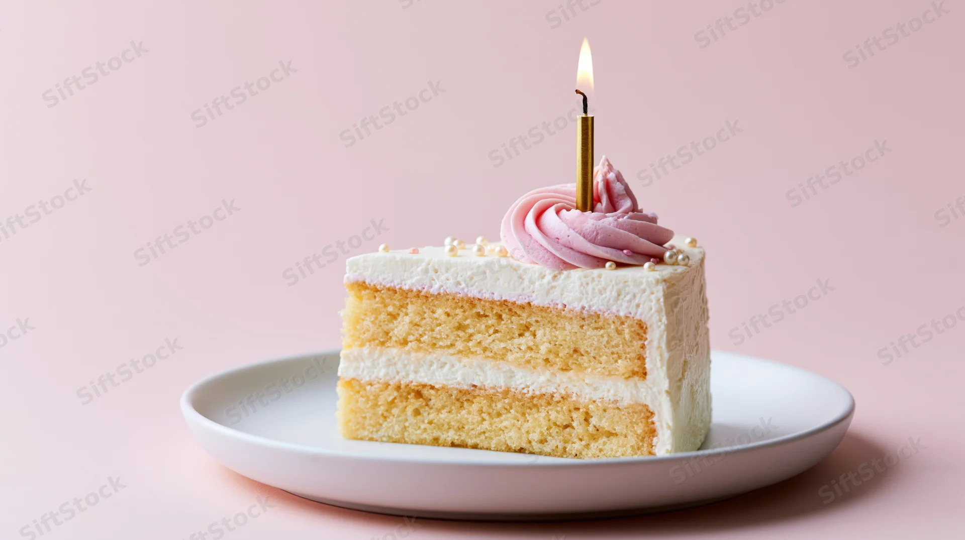 Slice of layered vanilla birthday cake with pink frosting and lit candle on white plate against pink background