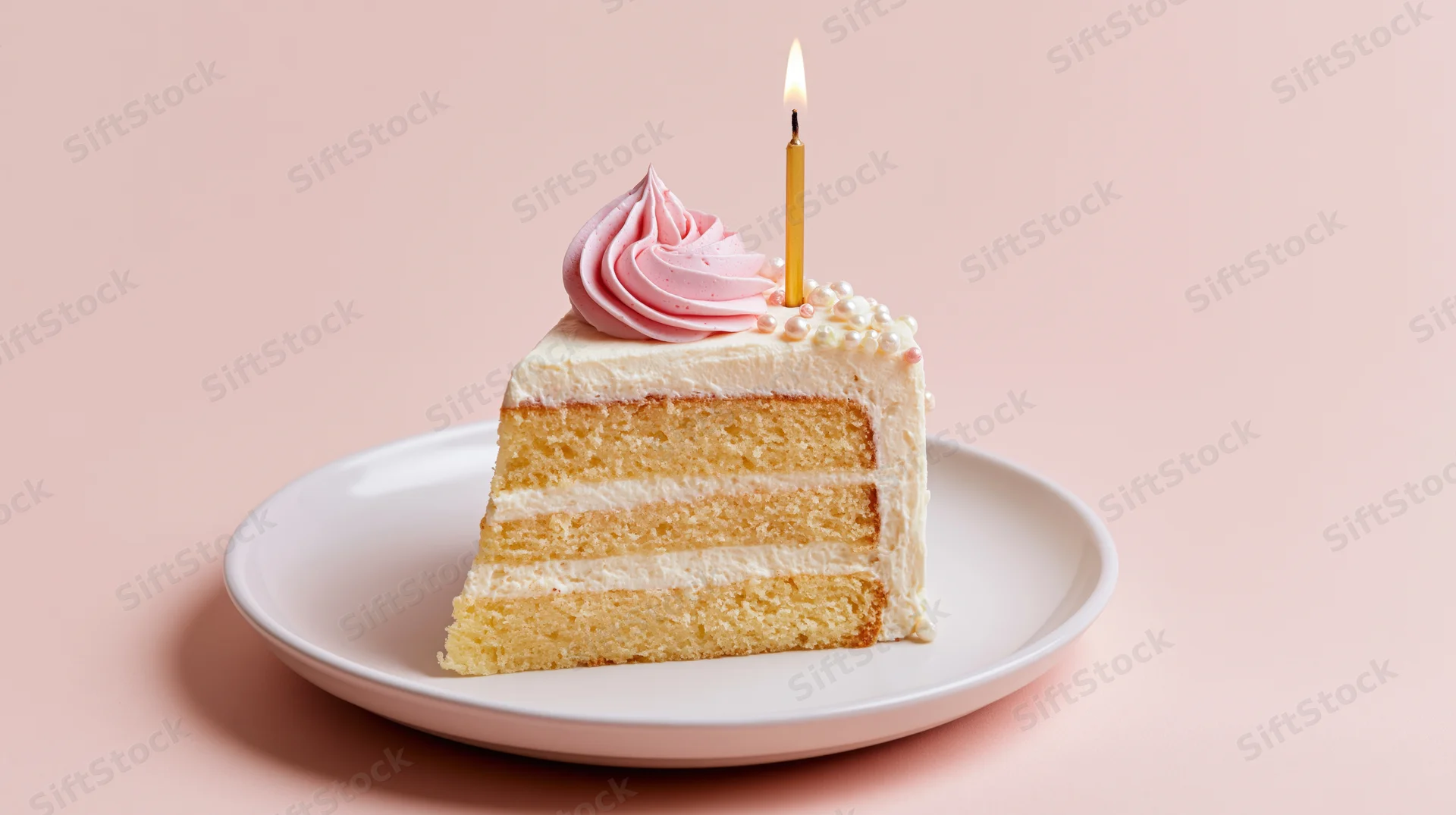 Slice of layered vanilla birthday cake with lit candle on white plate against pink background