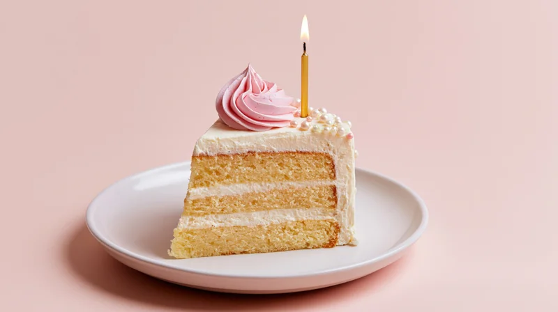 Slice of layered vanilla birthday cake with lit candle on white plate against pink background