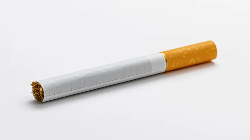 Unlit cigarette with orange filter lying diagonally on white background