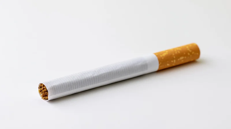 Unlit cigarette lying diagonally on white background