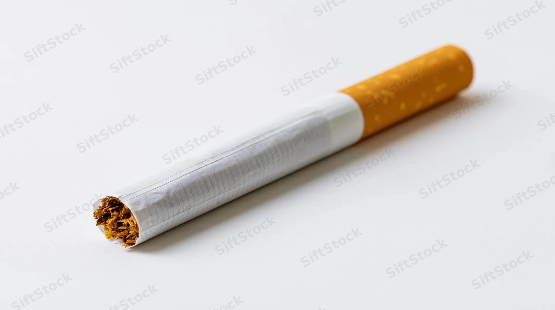 Unlit cigarette lying diagonally on plain white surface