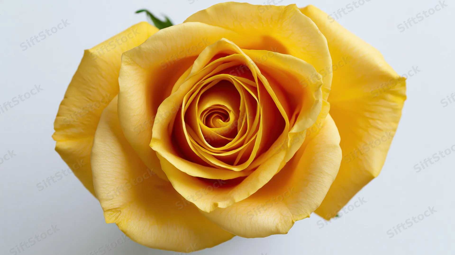 Overhead view of a single yellow rose bloom with visible petals and center on a white background