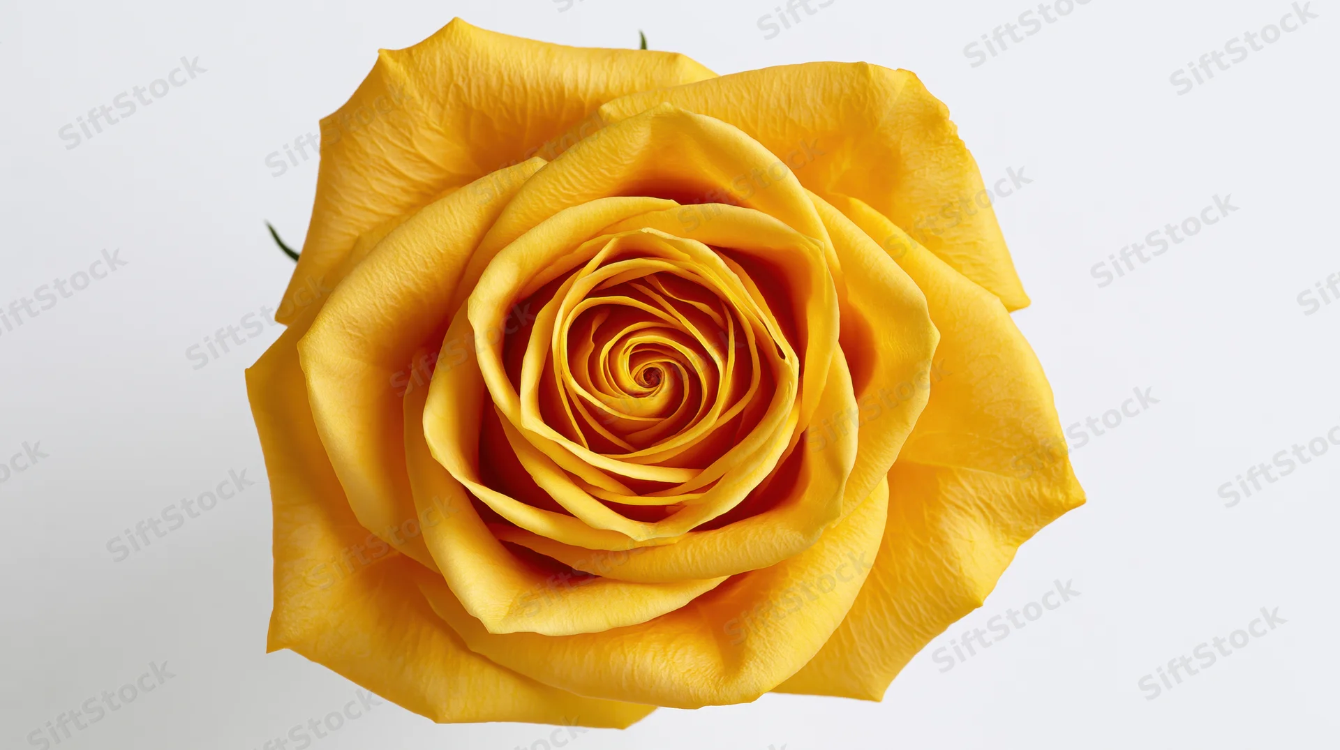 Overhead view of a single yellow rose bloom against a white background