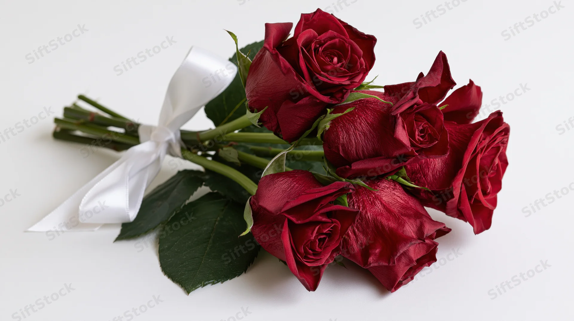 Small bouquet of deep red roses with dark green leaves and white ribbon on white background