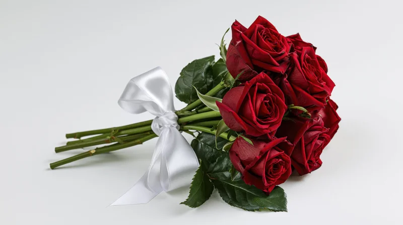Small bouquet of deep red roses with dark green leaves and white satin ribbon on white background