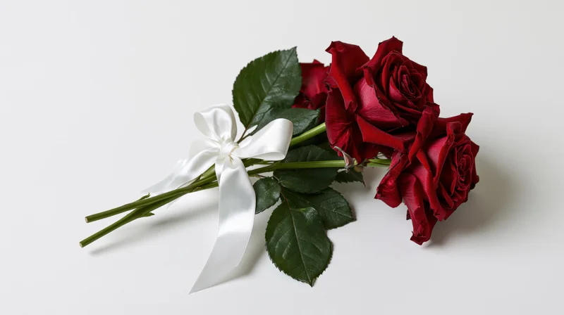 Small bouquet of deep red roses with dark green leaves and white satin ribbon on white background