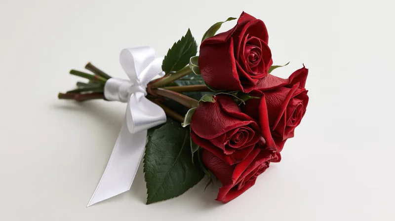 Small bouquet of deep red roses with dark green leaves and white ribbon on white background