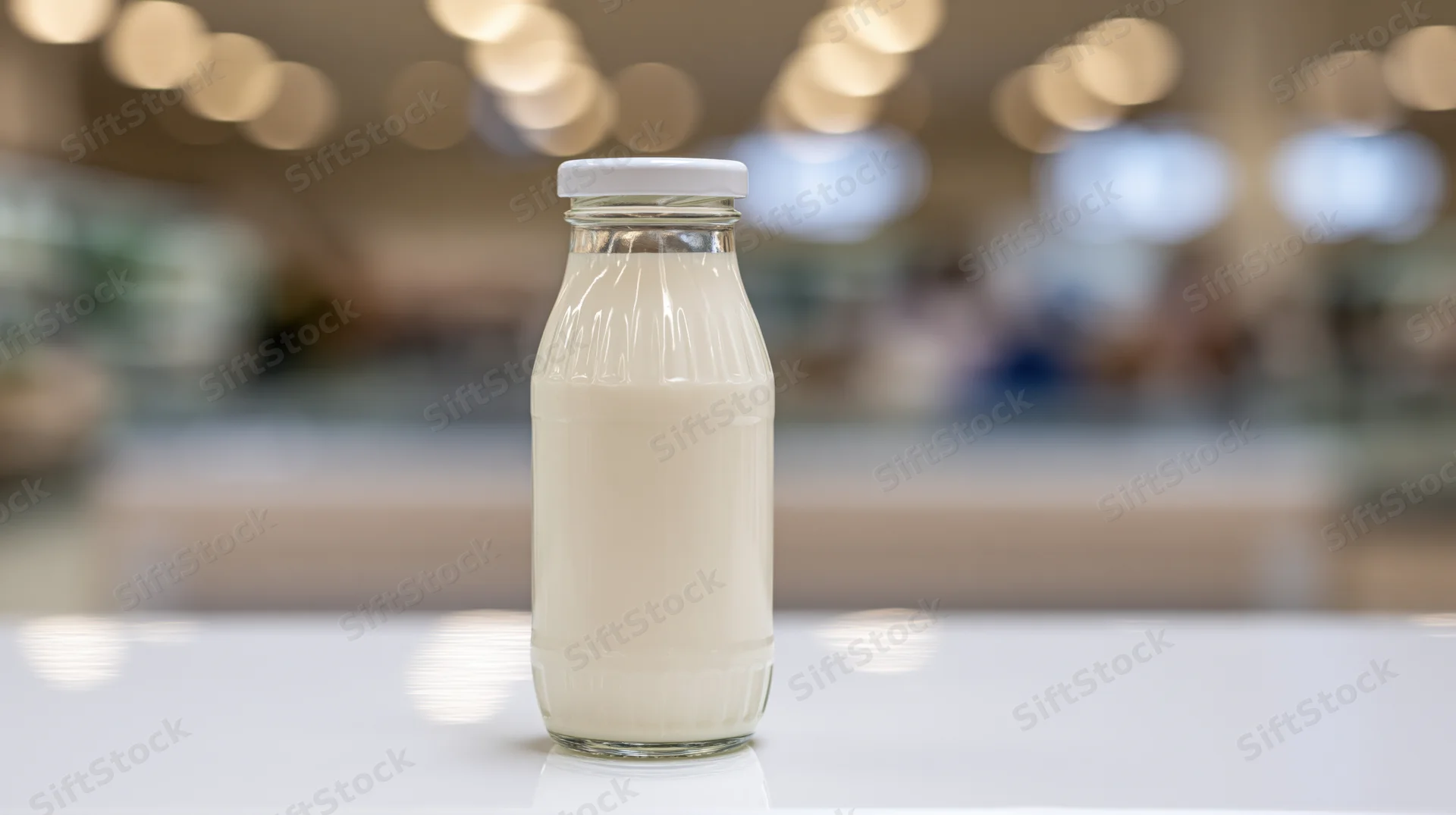Glass milk bottle with white plastic cap on white surface in blurred store setting