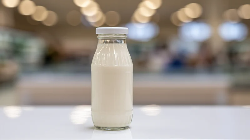 Glass milk bottle with white plastic cap on white surface in blurred store setting