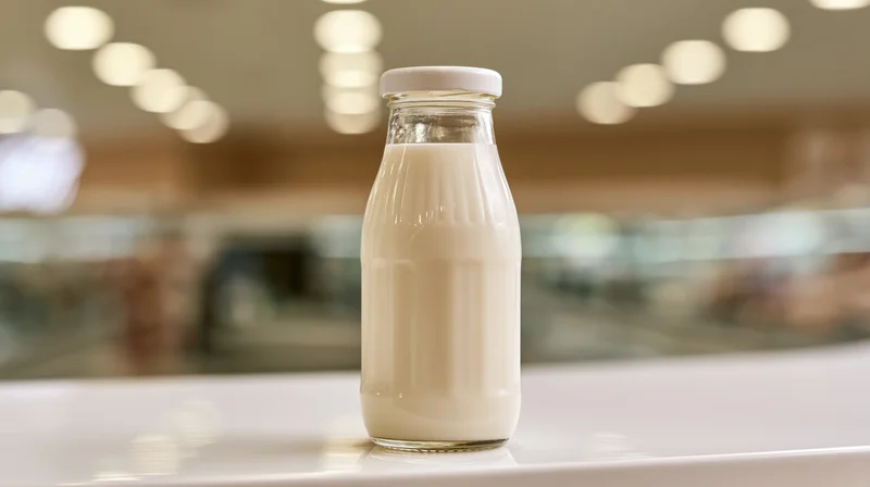 Glass milk bottle with white plastic cap filled with milk on a white surface in a store setting