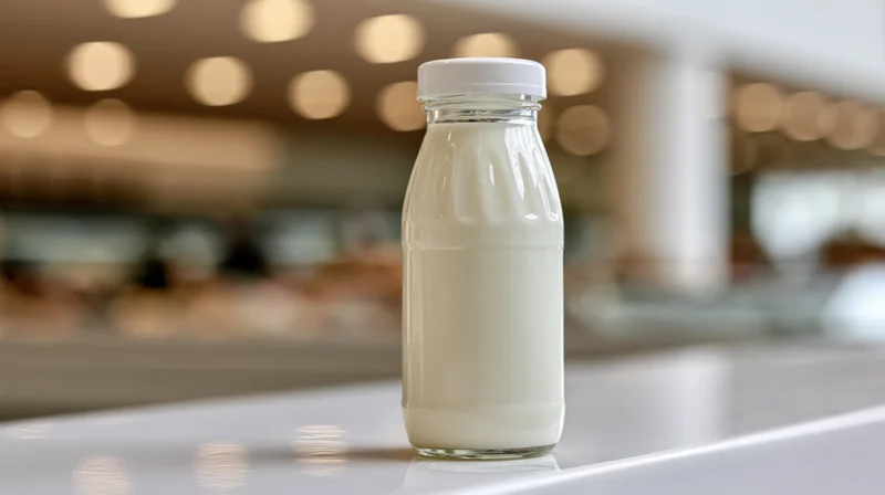 Glass milk bottle with white plastic cap on a reflective countertop in a modern kitchen setting