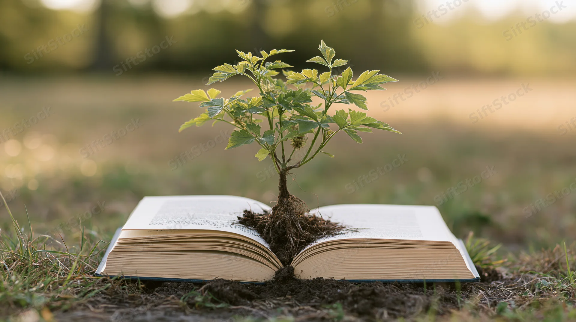 Small green sapling growing from the center of an open book lying on grass in a field