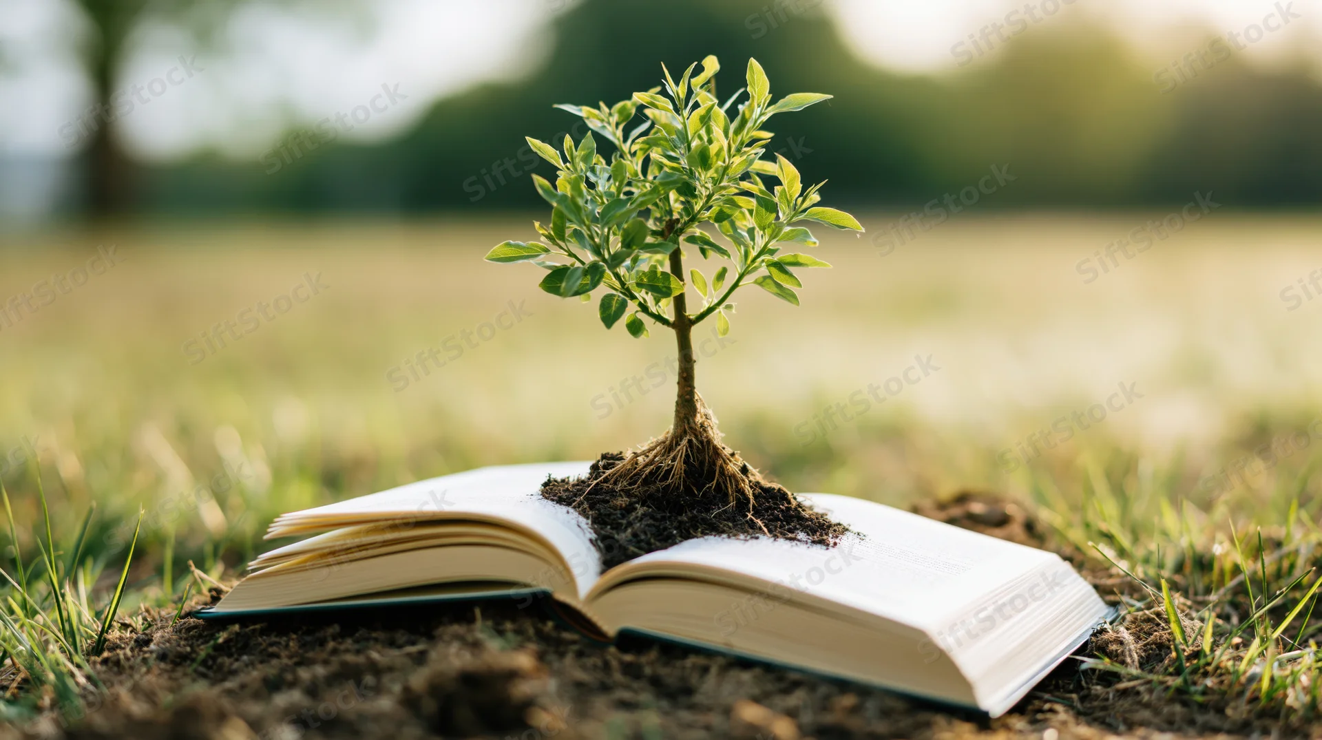 Small green sapling growing from an open book on grass in a field