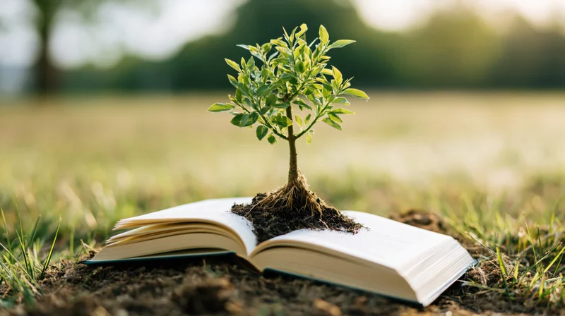Small green sapling growing from an open book on grass in a field