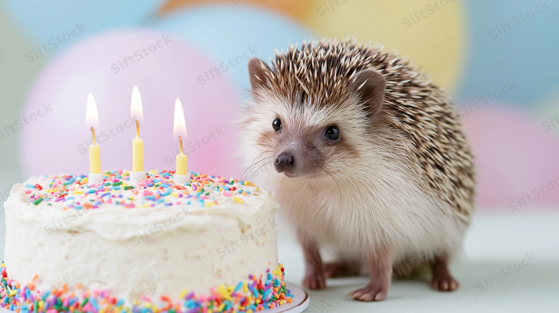 Small hedgehog standing beside a white frosted birthday cake with lit candles and colorful sprinkles on a table with blurred balloons in the background