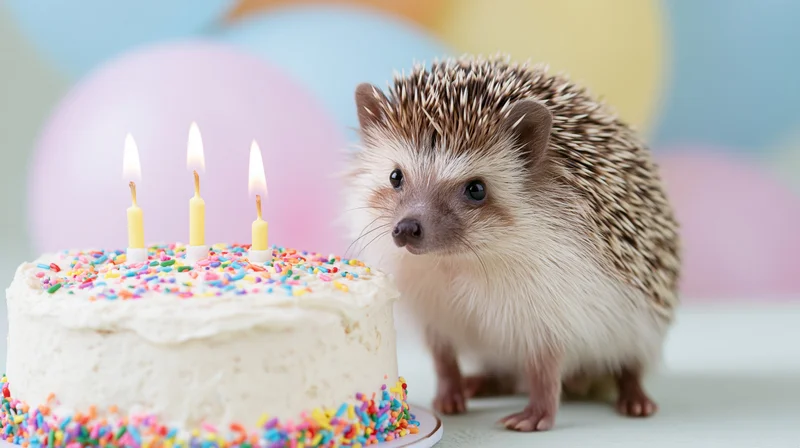 Small hedgehog standing beside a white frosted birthday cake with lit candles and colorful sprinkles on a table with blurred balloons in the background