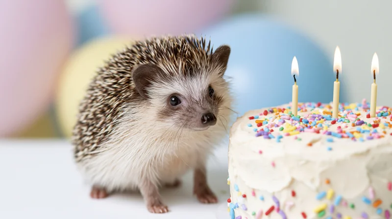 Small hedgehog standing beside a white frosted birthday cake with lit candles and colorful sprinkles, surrounded by pastel balloons