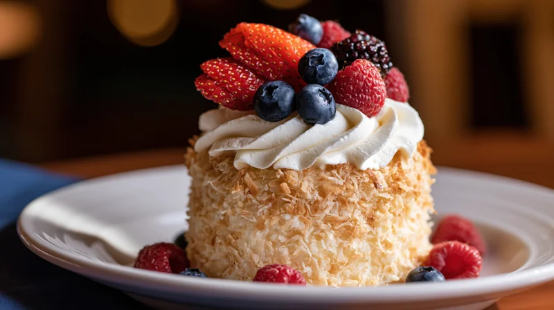 Small round cake coated in toasted coconut flakes topped with whipped cream and mixed berries on a white plate