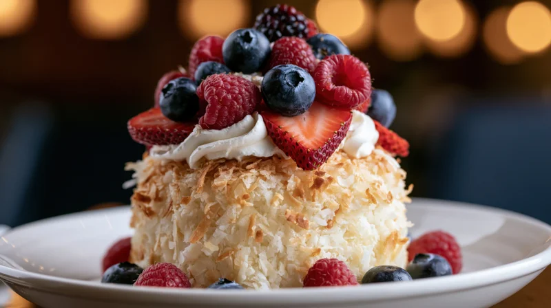 Small round cake coated in toasted coconut topped with whipped cream and mixed berries on a white plate