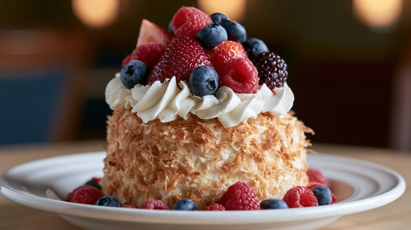 Small round cake coated in toasted coconut flakes topped with whipped cream and mixed berries on a white plate