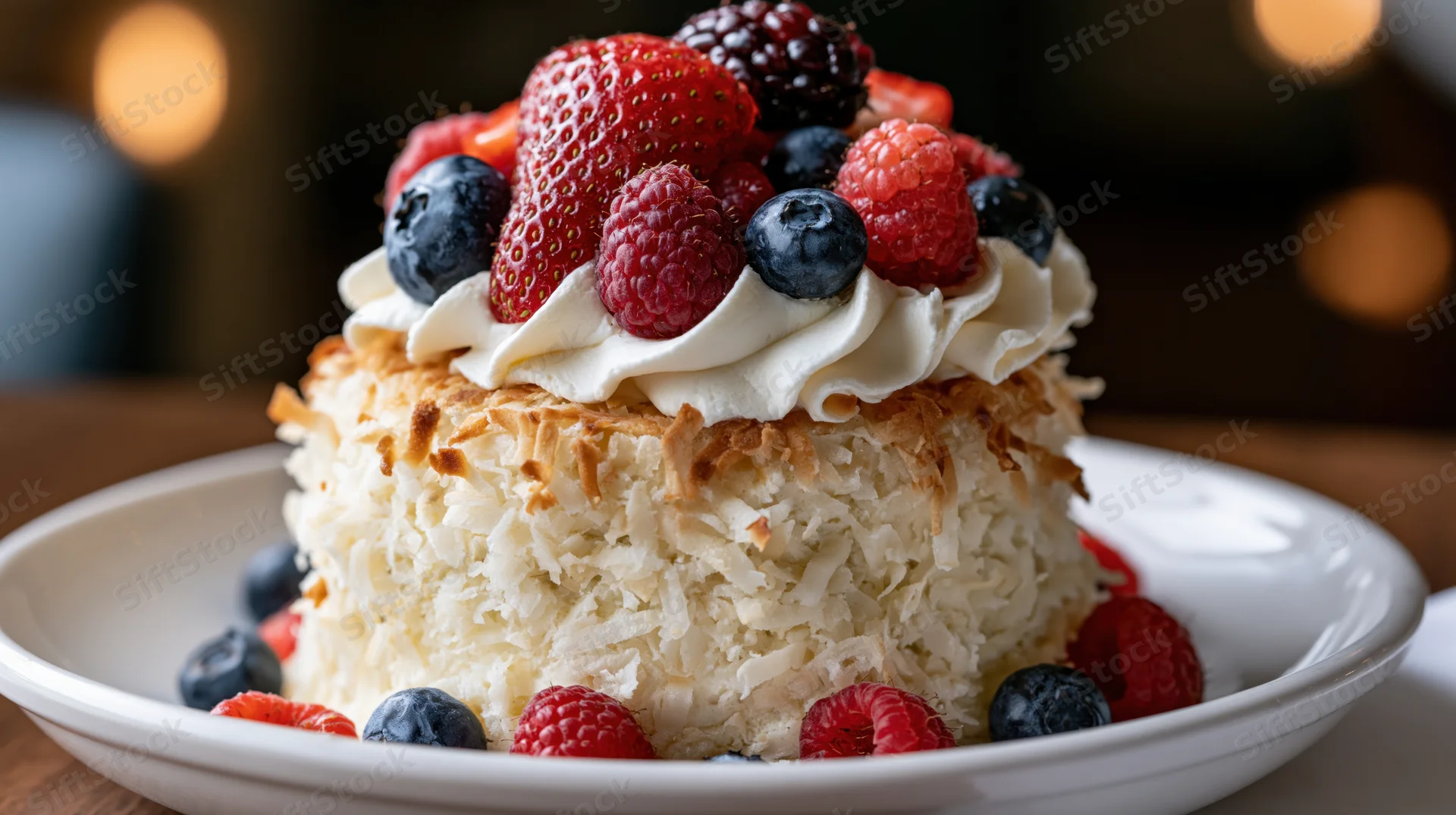 Small round coconut cake topped with whipped cream and mixed berries on a white plate
