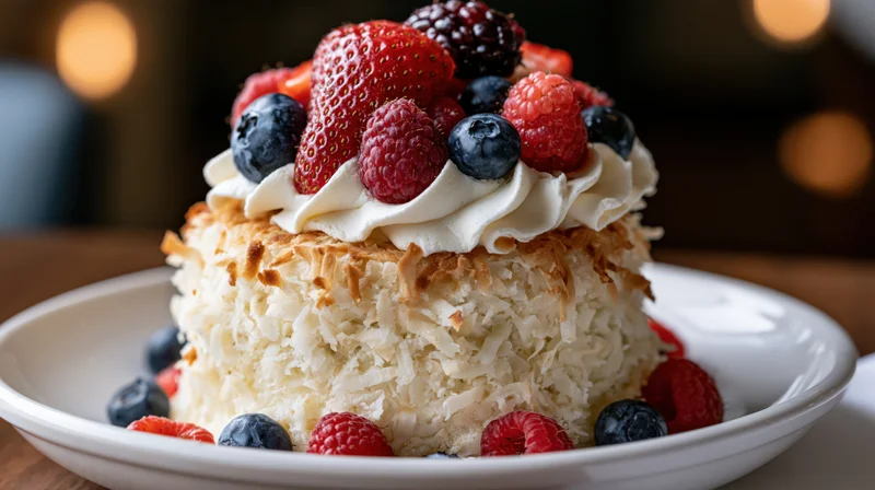 Small round coconut cake topped with whipped cream and mixed berries on a white plate