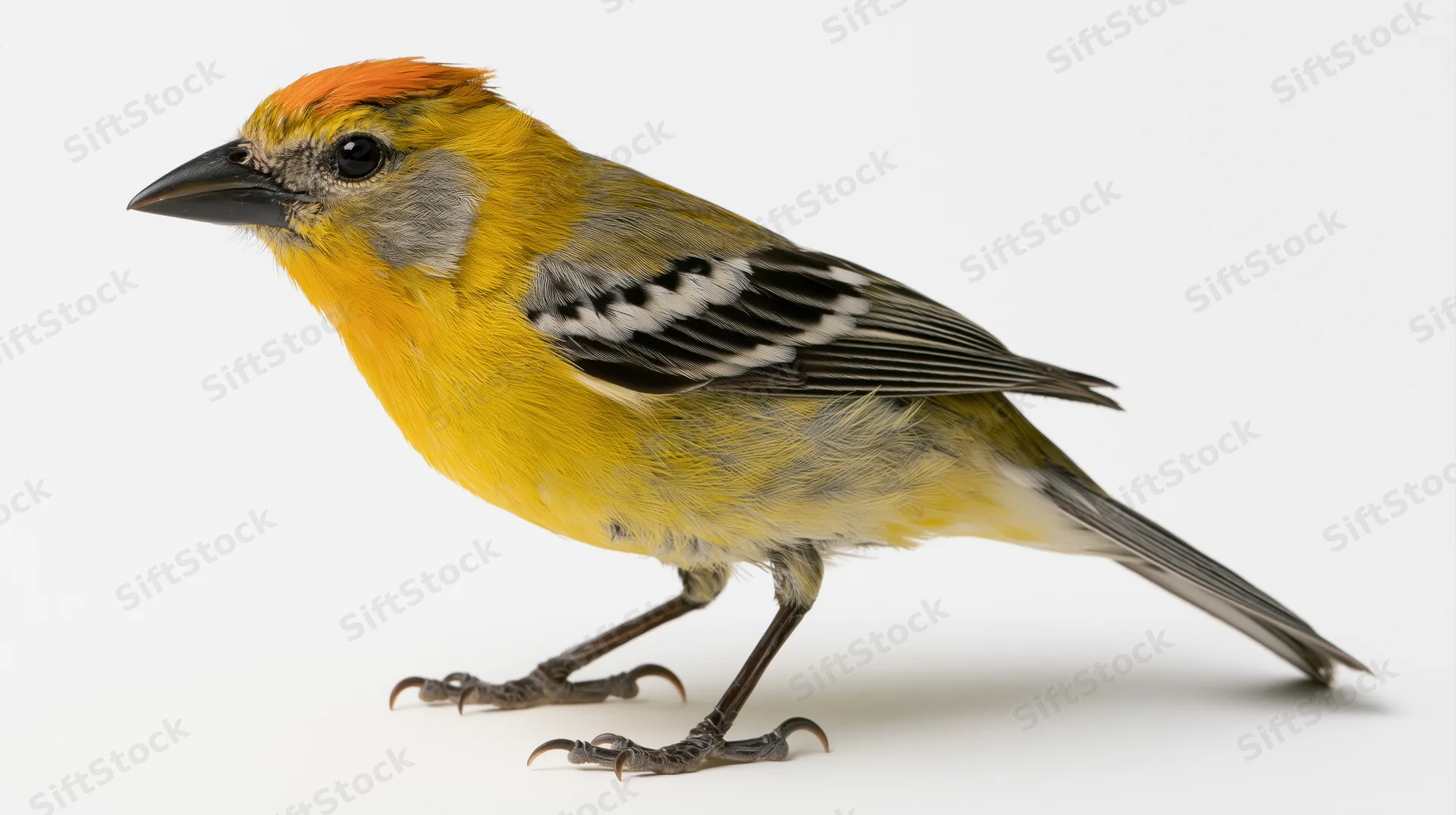 Small yellow and orange tanager bird standing in profile on white background