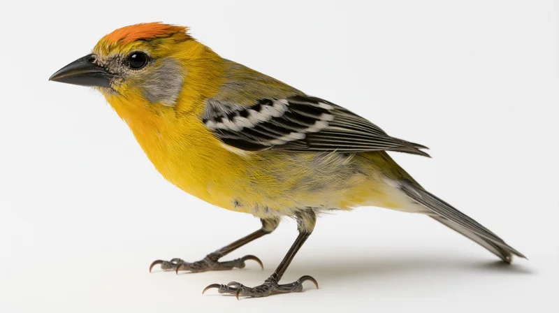 Small yellow and orange tanager bird standing in profile on white background