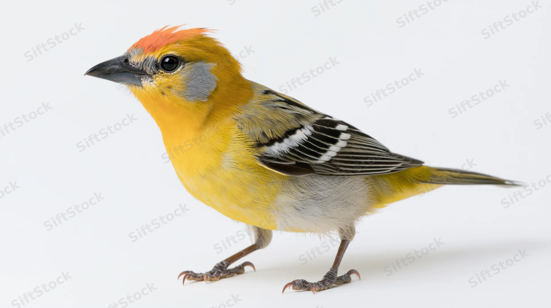 Small yellow and orange tanager bird standing in profile on white background