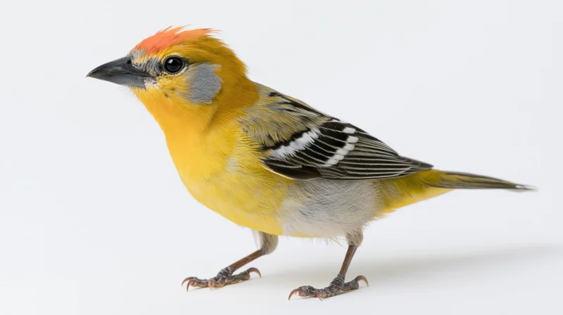 Small yellow and orange tanager bird standing in profile on white background