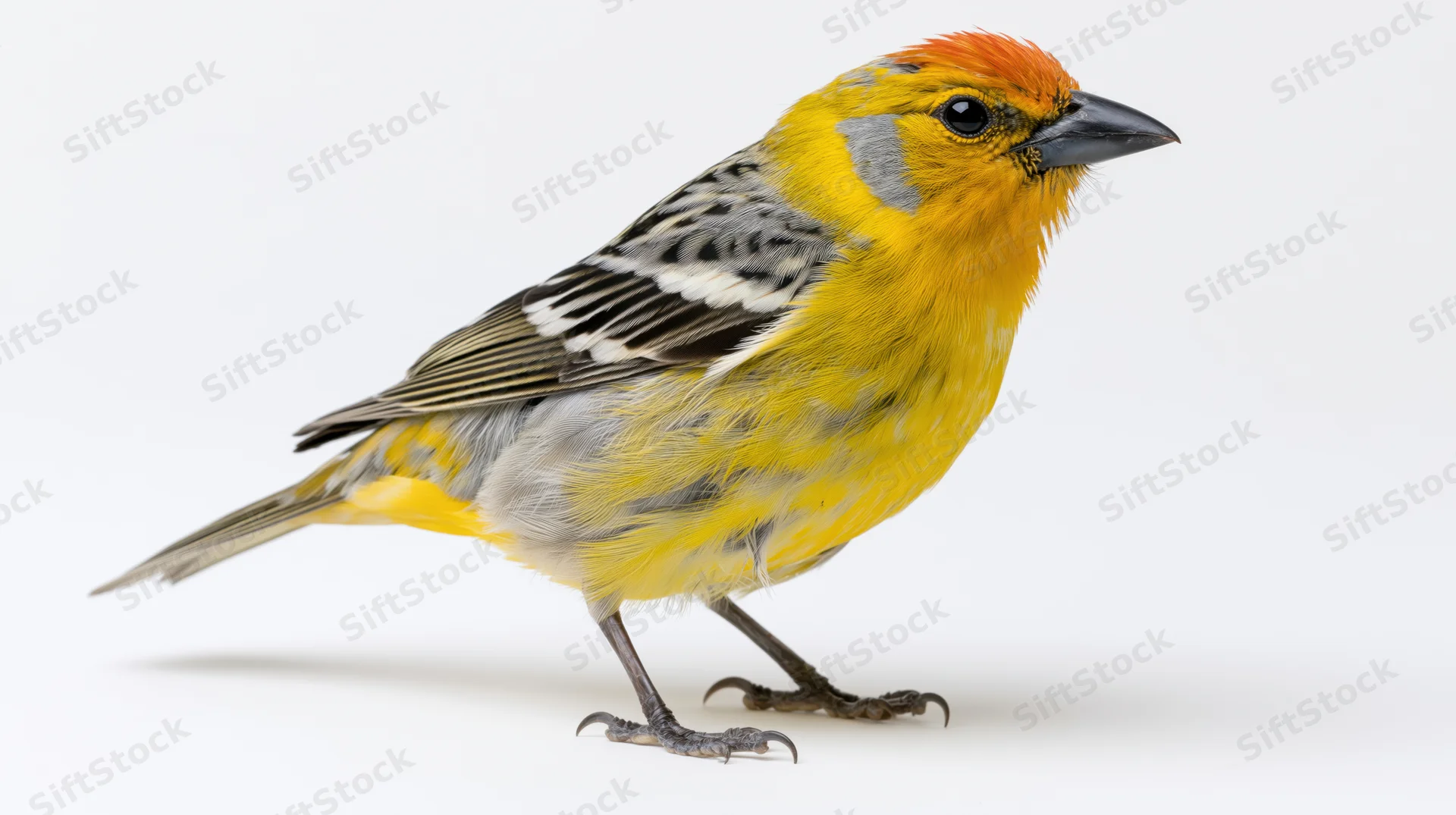 Small yellow and orange tanager bird standing in profile against white background