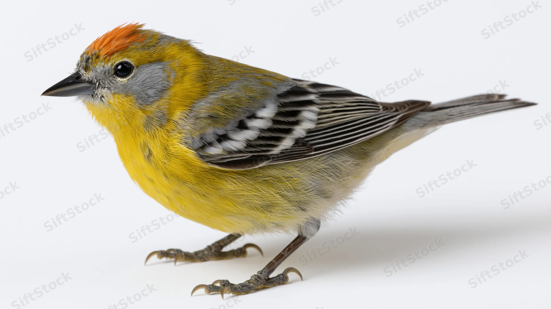Small yellow and orange bird with gray and black wings perched in profile on white background