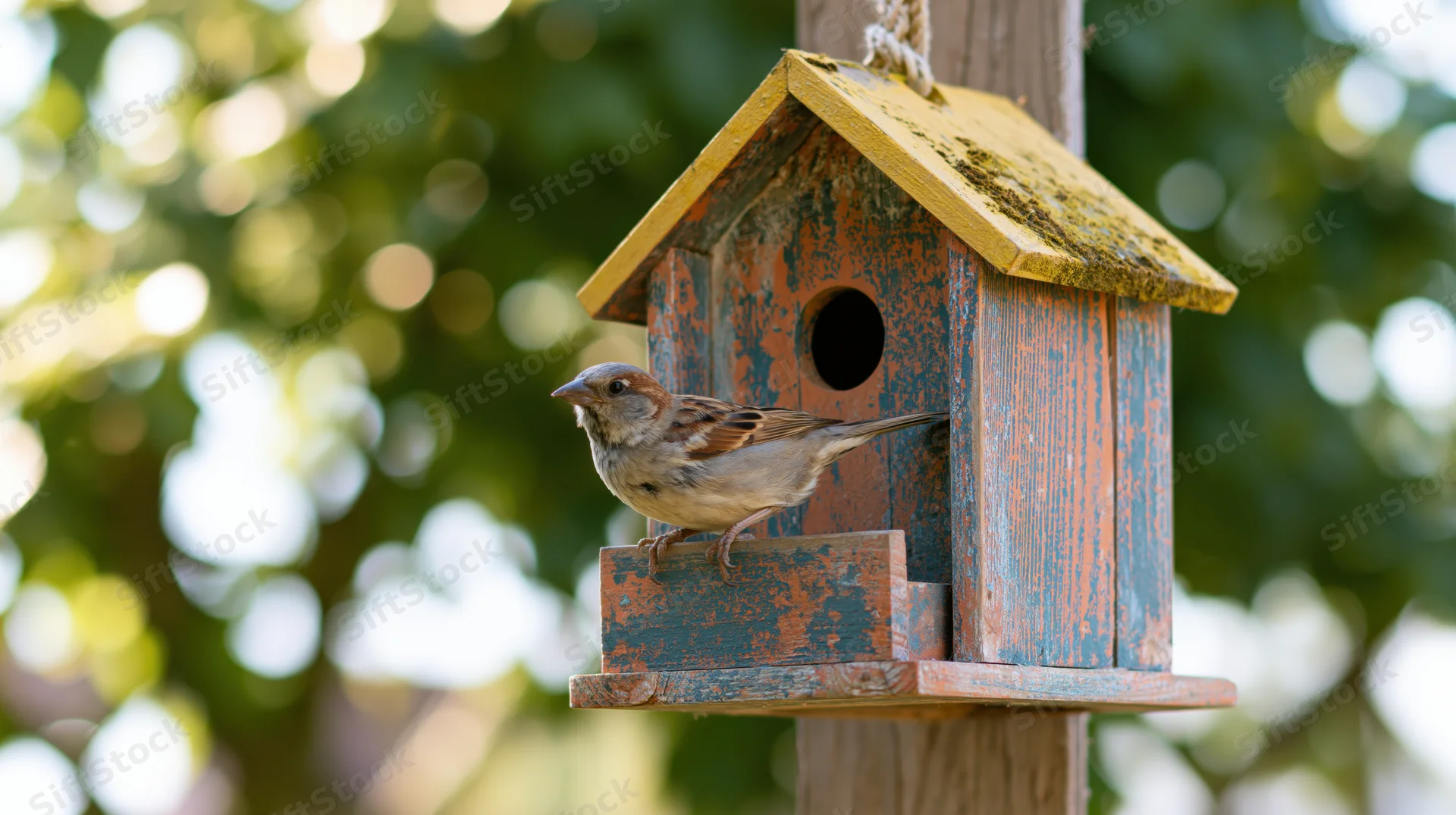 Sparrow perched on the landing platform of a weathered wooden birdhouse in a garden setting
