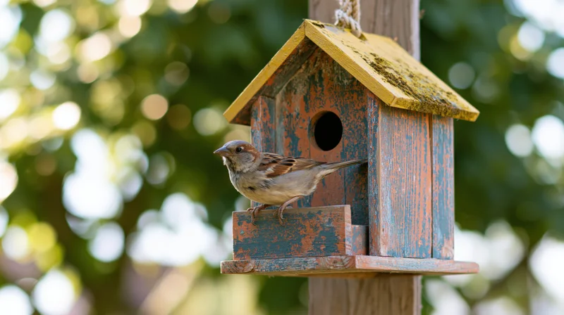 Sparrow perched on the landing platform of a weathered wooden birdhouse in a garden setting
