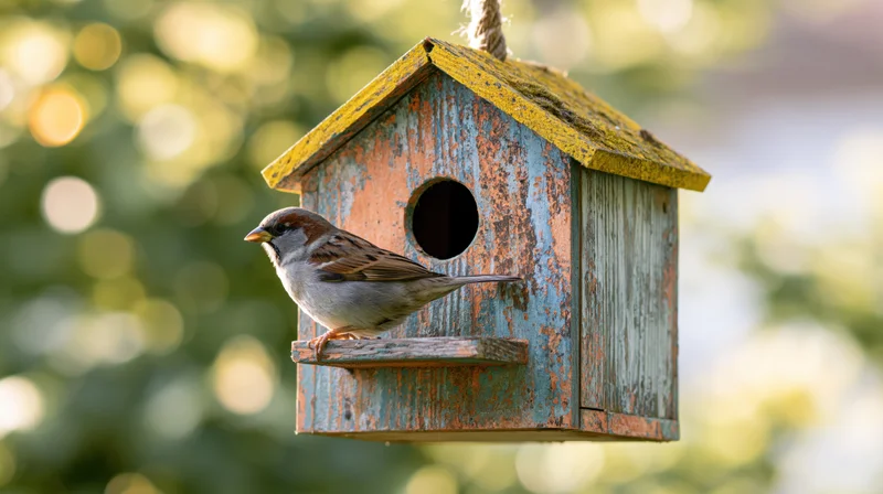 Sparrow perched on the landing platform of a weathered wooden birdhouse in a garden