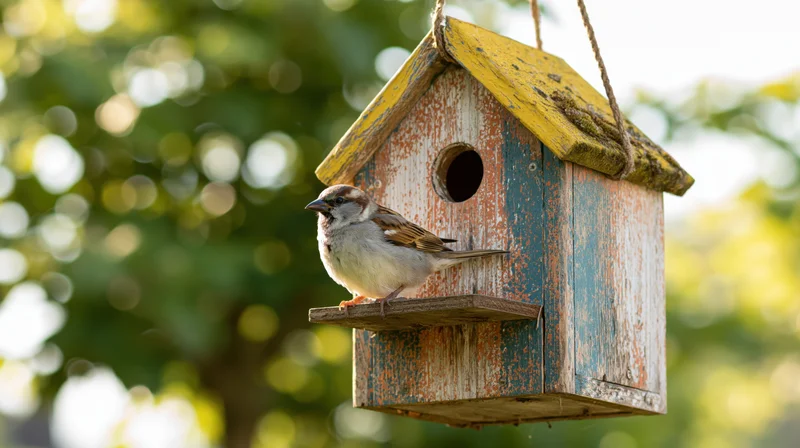 Sparrow perched on landing platform of weathered wooden birdhouse hanging outdoors in garden