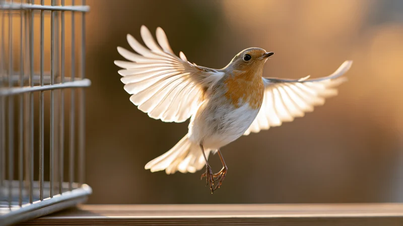 Robin in mid-flight with wings spread near a metal birdfeeder outdoors