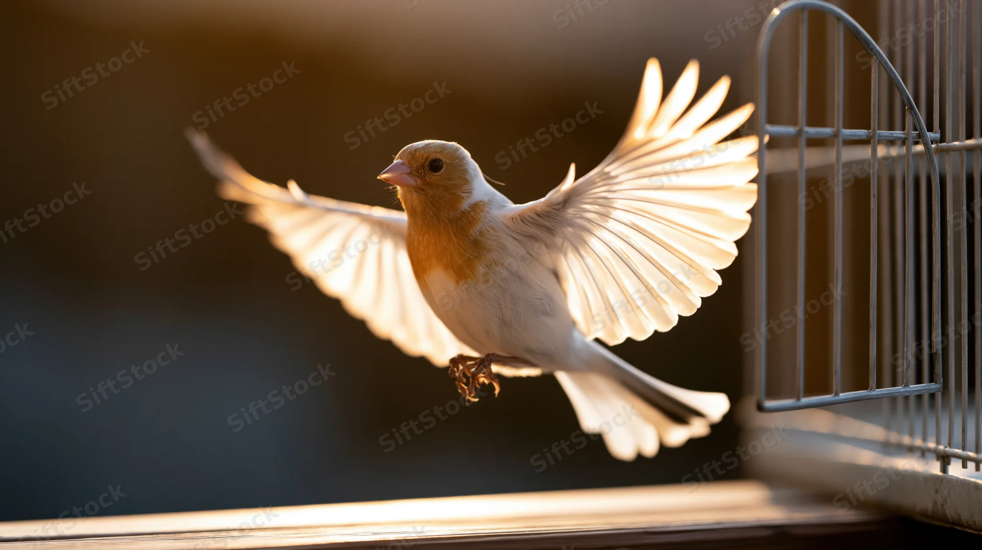Small white and orange-breasted bird in mid-flight escaping from a metal cage near a window sill in golden hour light