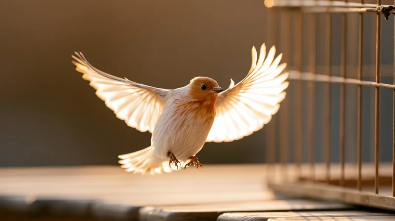 Small white and orange-breasted bird in mid-flight escaping from a cage on a wooden surface in warm morning light