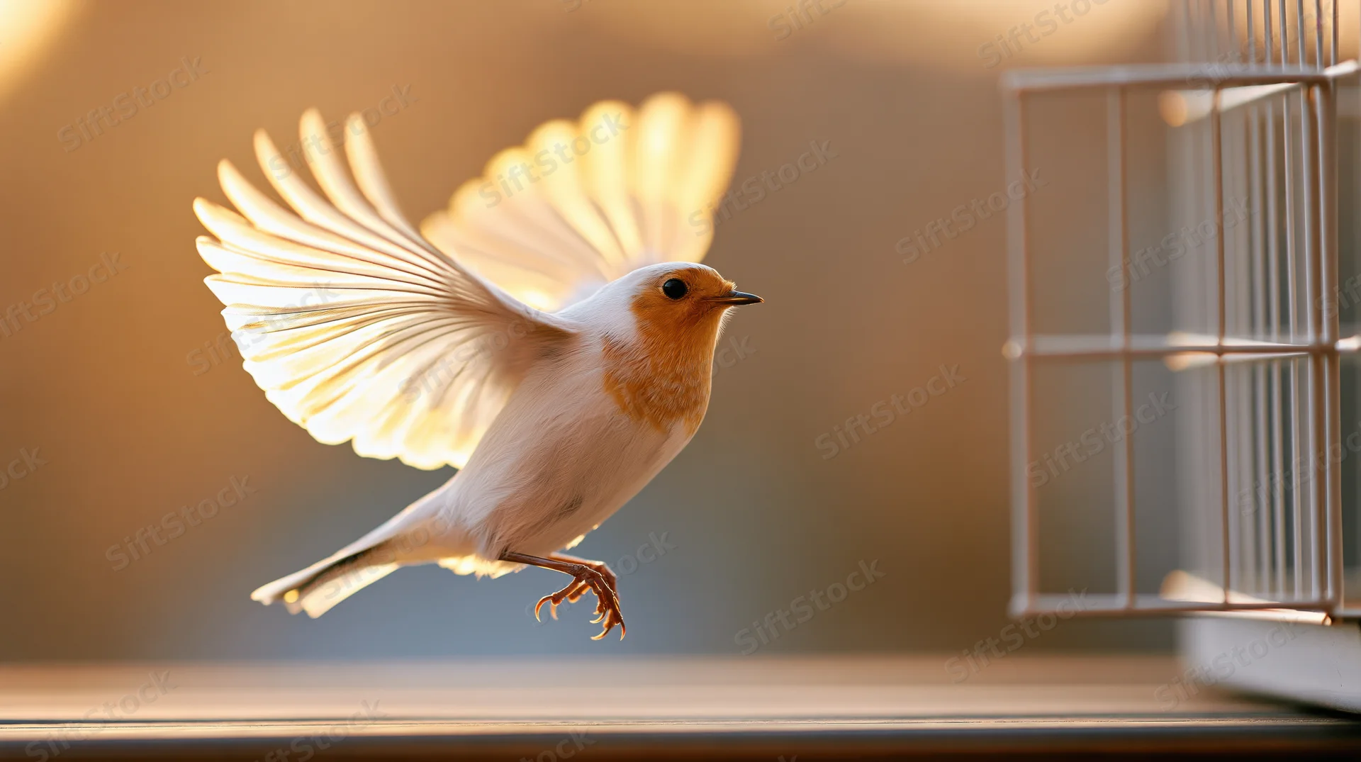 Small white and orange-breasted bird in mid-flight escaping from a cage on a windowsill