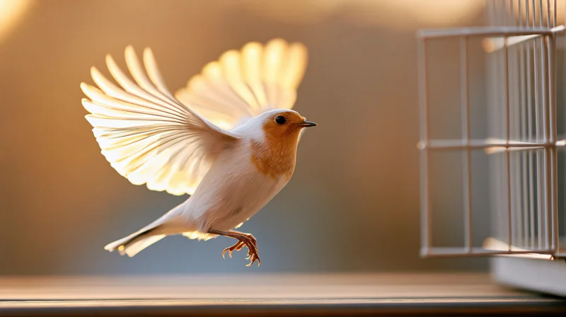 Small white and orange-breasted bird in mid-flight escaping from a cage on a windowsill